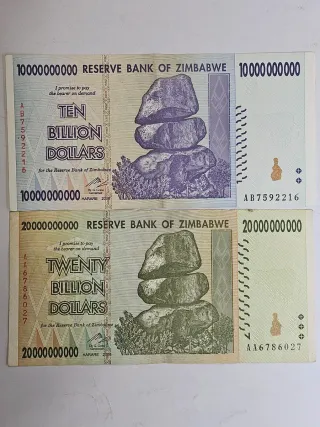 Billetes de 10 y 20 mil millones de Zimbabue