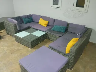 Conjunto Sofá Terraza imitación Ratán y Cristal