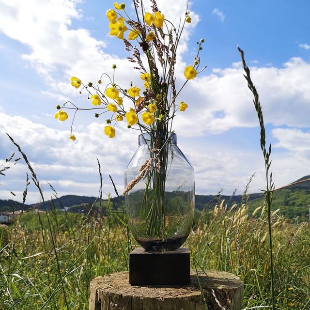 Jarro de vidro com base de madeira