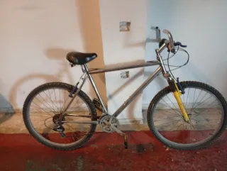 Bicicleta de montaña plateada y amarilla