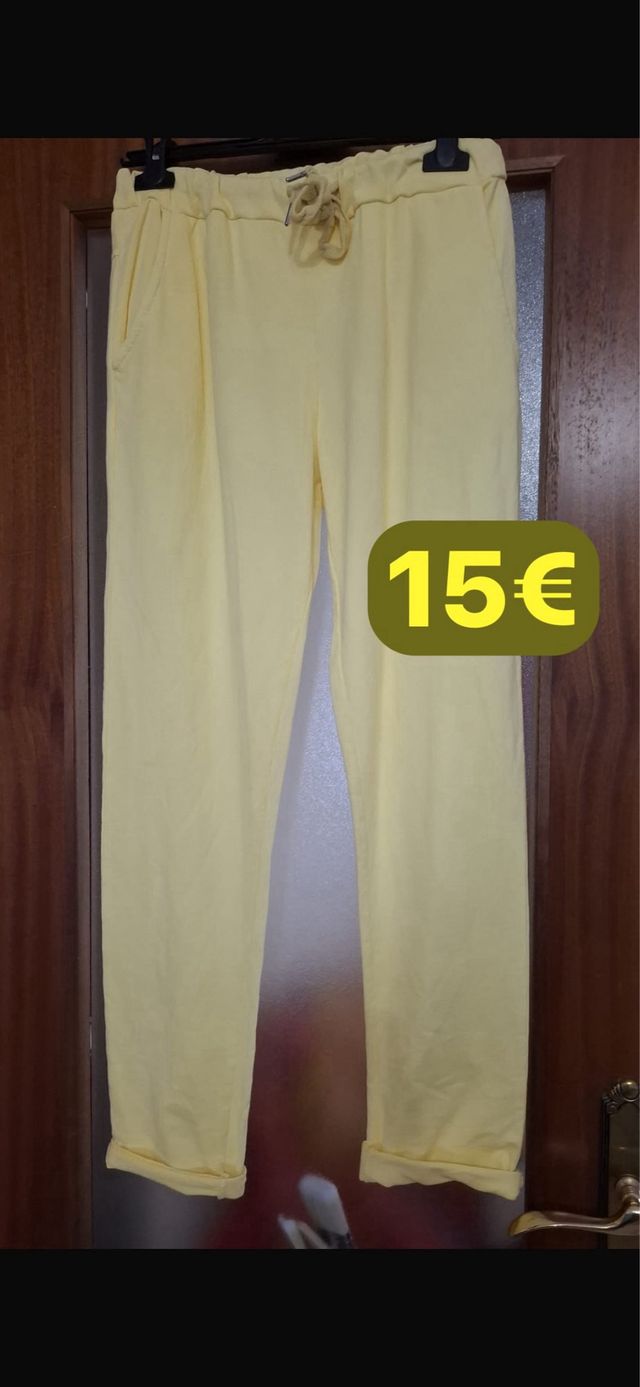 Pantalón fino verde amarillo y coral