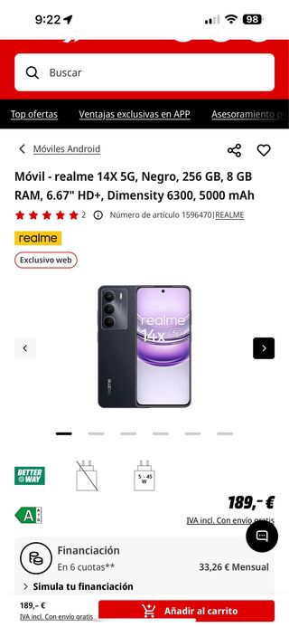 Móvil Realme 14X 5G Negro 256GB