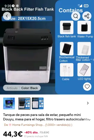 Mini acuario 4'5L LED, filtro y plantas