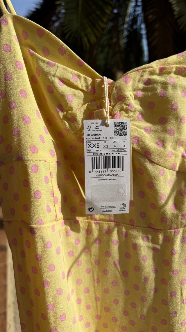 Vestido Mango amarelo com bolinhas rosas XXS