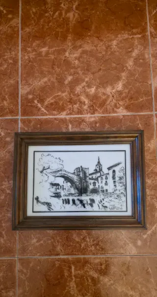 Cuadro de paisaje con puente y edificios