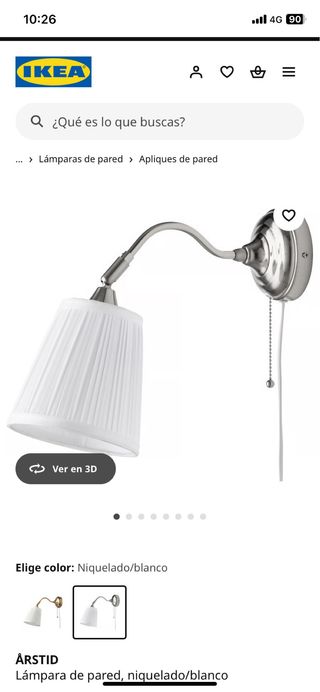 Lámpara Aplique Pared Ikea ARSTID Níquel/Blanco