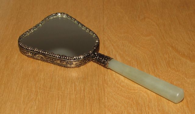 Espejo vintage oriental chino jade plata Geisha