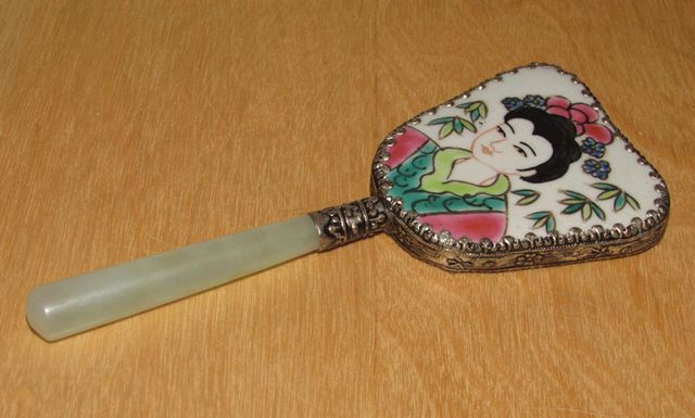 Espejo vintage oriental chino jade plata Geisha