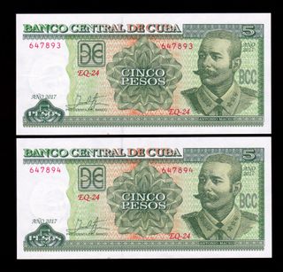 CUBA 5 PESOS 2017 UNC/SC Pick.116f PAREJA CONSECUT