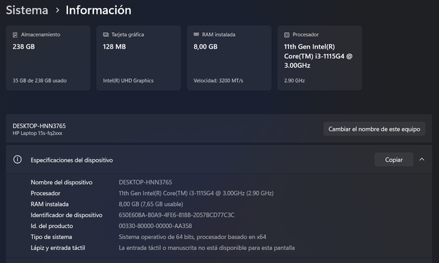 PORTÁTIL HP 15 PULGADAS, CORE I3 8GB RAM, POCO USO