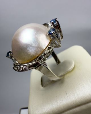 Anillo Oro Blanco 18k Perla y Zafiros