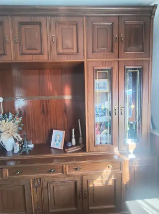 Mueble de salón de madera con vitrinas