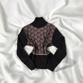 Maglione donna collo alto pizzo nero rosa
