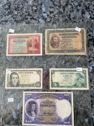 Billetes España 10, 25, 5, 100 Pesetas