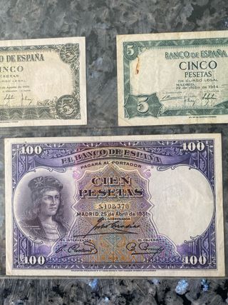 Billetes España 10, 25, 5, 100 Pesetas