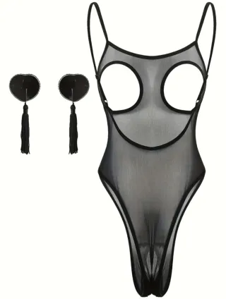 Body sexy nero con perizoma e accessori