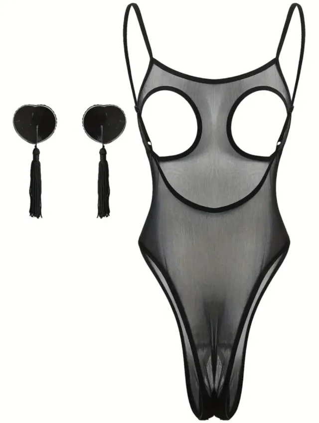 Body sexy nero con perizoma e accessori