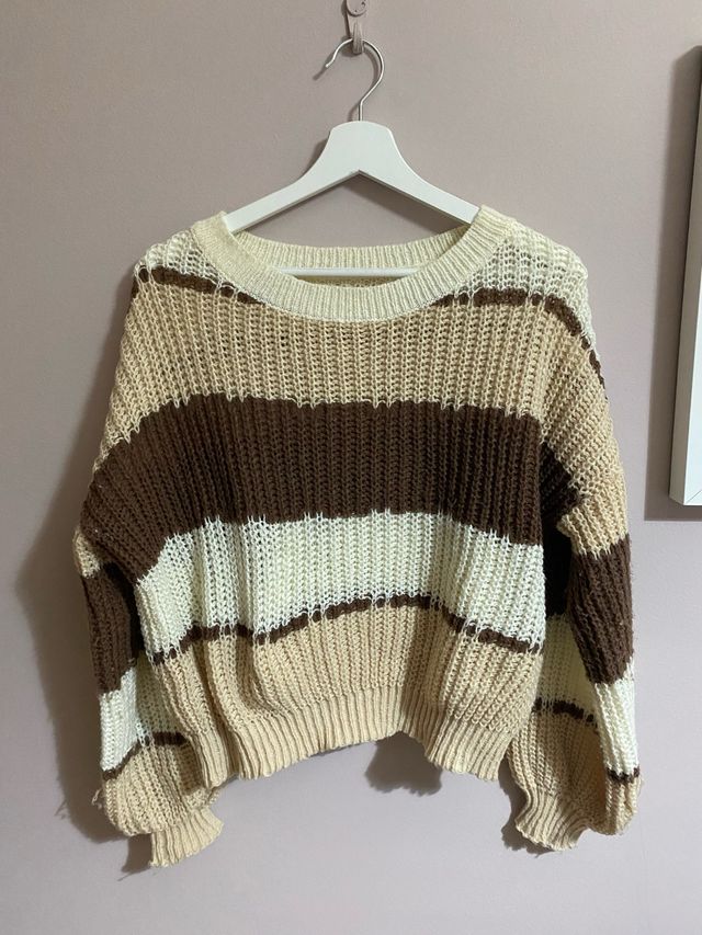 Jersey de rayas beige, marrón y blanco