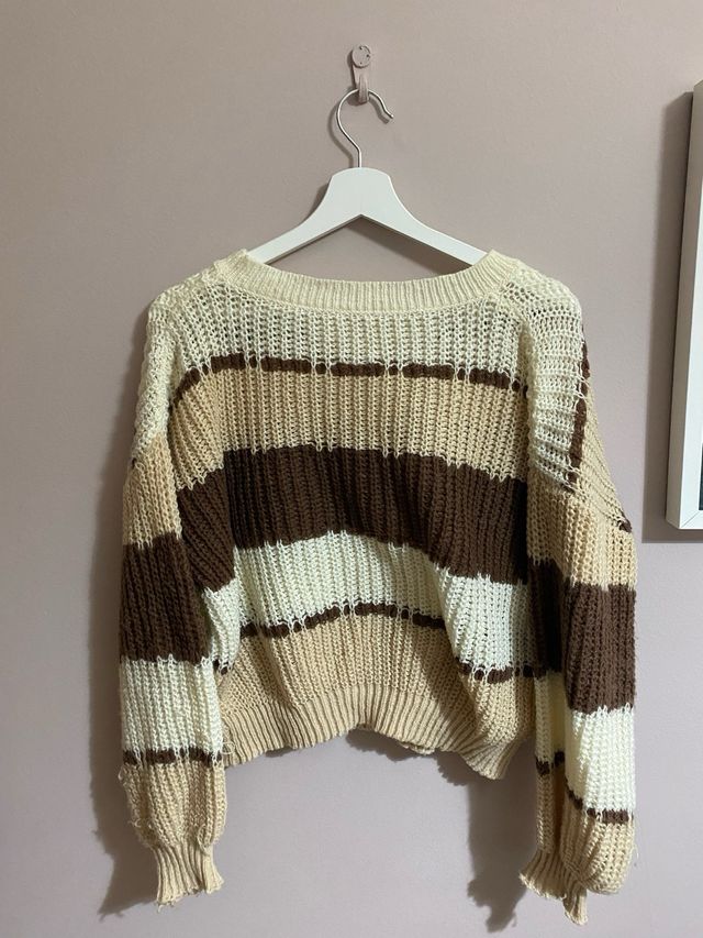 Jersey de rayas beige, marrón y blanco