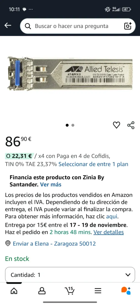 Adaptador Fibra Allied Telesis AT-SP10SR