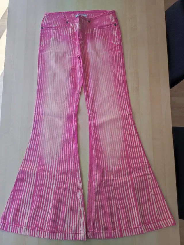 Pantalón campana rayas rosa y beige