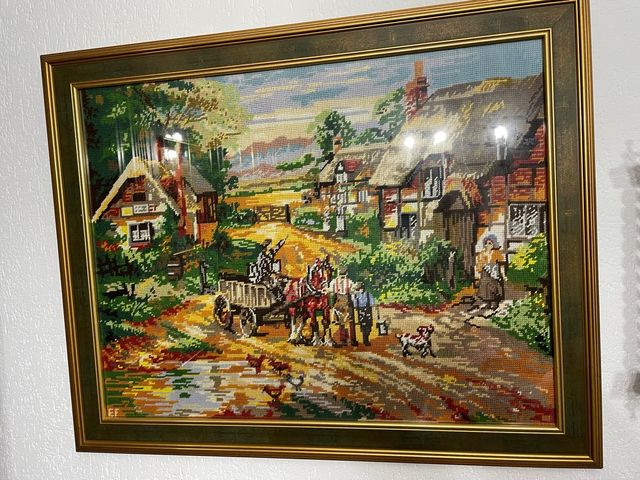 Cuadro bordado paisaje rural