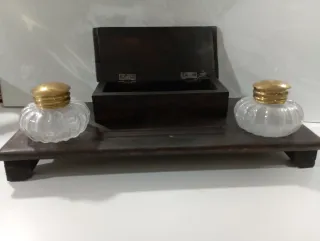 Juego escritorio madera antiguo cristal