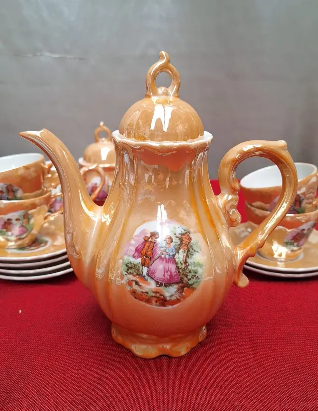 Juego de café porcelana dorado y naranja