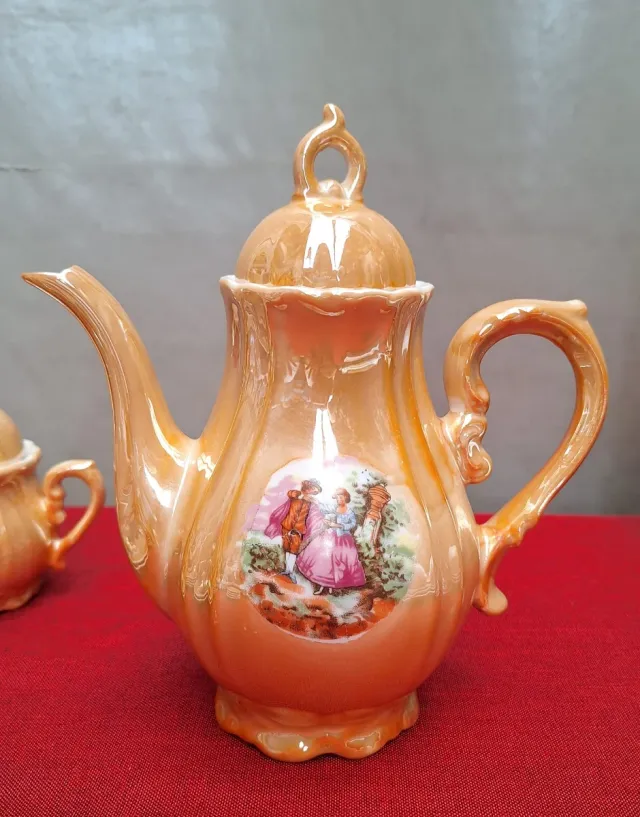 Juego de café porcelana dorado y naranja