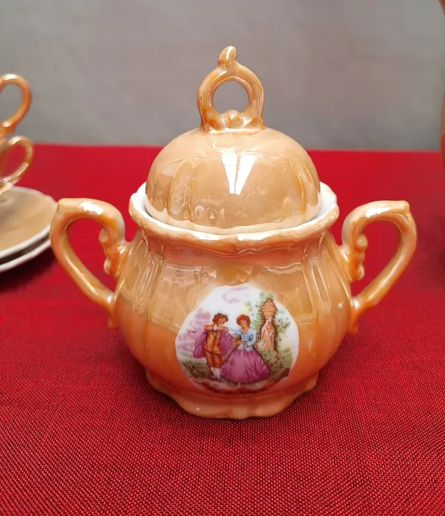 Juego de café porcelana dorado y naranja