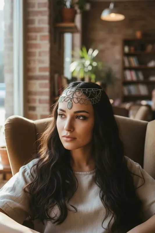 Tocado cadena plata estilo étnico