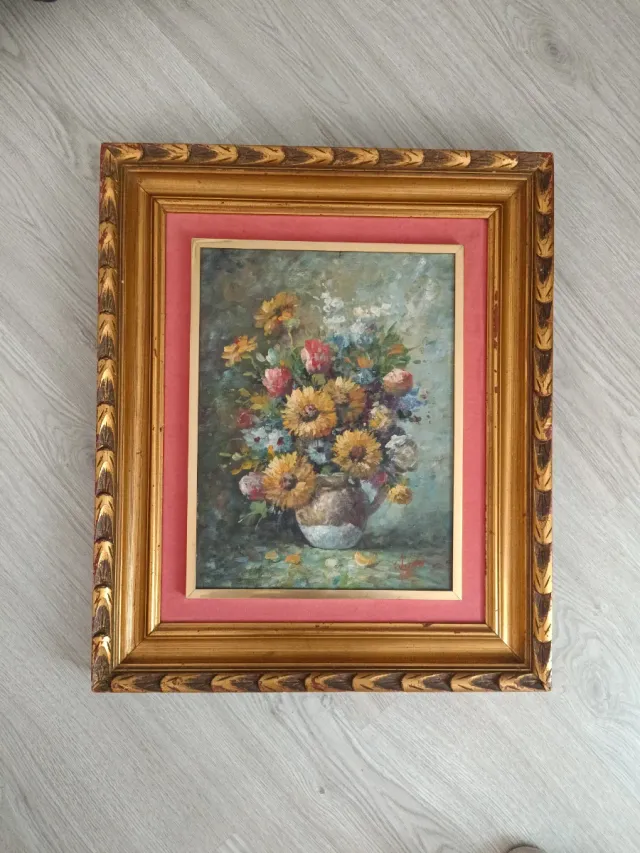 Cuadro Óleo Flores Jarra Dorado