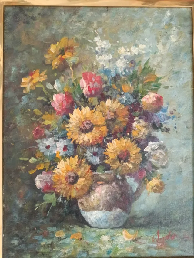 Cuadro Óleo Flores Jarra Dorado