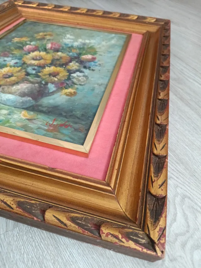 Cuadro Óleo Flores Jarra Dorado