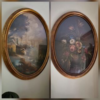 Coppia Quadri Ovali Dorati