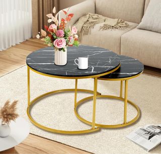 Set di 2 tavoli rotondi in marmo nero/oro