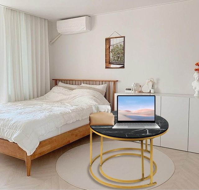 Juego 2 mesas redondas mármol negro/dorado