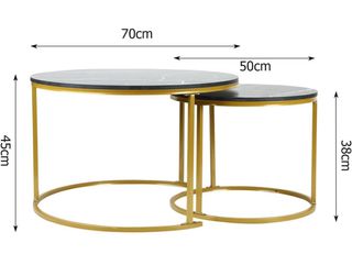 Set di 2 tavoli rotondi in marmo nero/oro