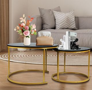 Set di 2 tavoli rotondi in marmo nero/oro