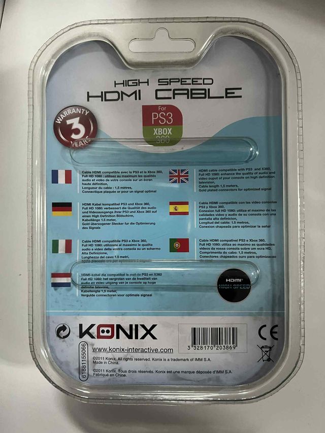 Cabo HDMI Konix Alta Velocidade PS3 XBOX 360