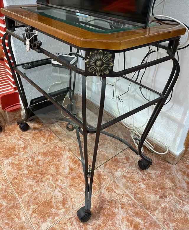 Mueble auxiliar madera, metal y cristal