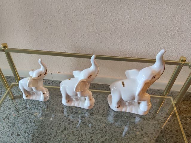 Set 3 Elefantes Cerámica Blanca y Oro