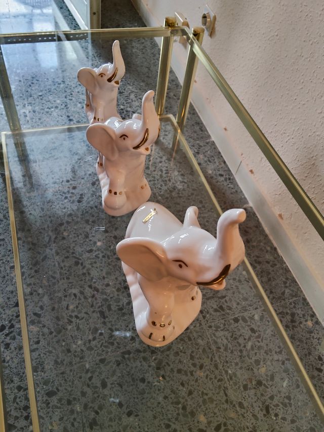 Set 3 Elefantes Cerámica Blanca y Oro