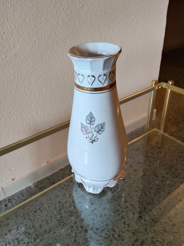 Jarrón Vintage Cerámica Blanco y Dorado