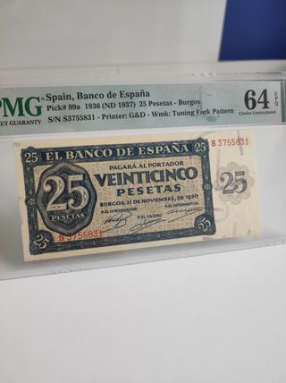 Billete 25 Pesetas España 1936 PMG 64 EPQ