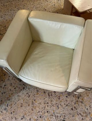 Poltrona in pelle avorio e acciaio metà secolo