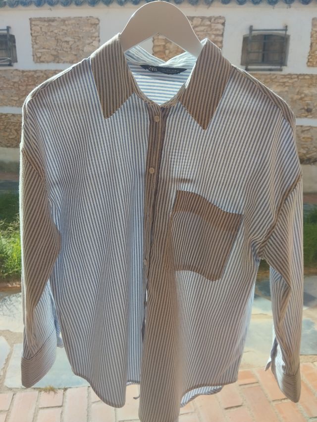Camisa ZARA rayas beige y azul Talla M
