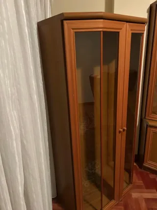 Vitrina de madera castaño con puertas de cristal
