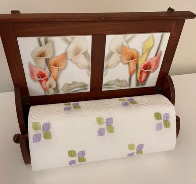 Porta Scottex Legno Vintage con Ceramica Floreale