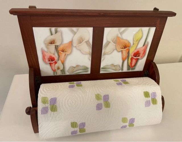 Porta Scottex Legno Vintage con Ceramica Floreale